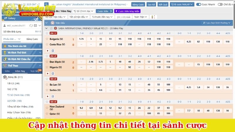 Cập nhật thông tin chi tiết tại sảnh cược
