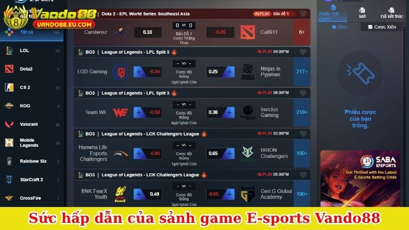 Sức hấp dẫn của sảnh game E-sports Vando88